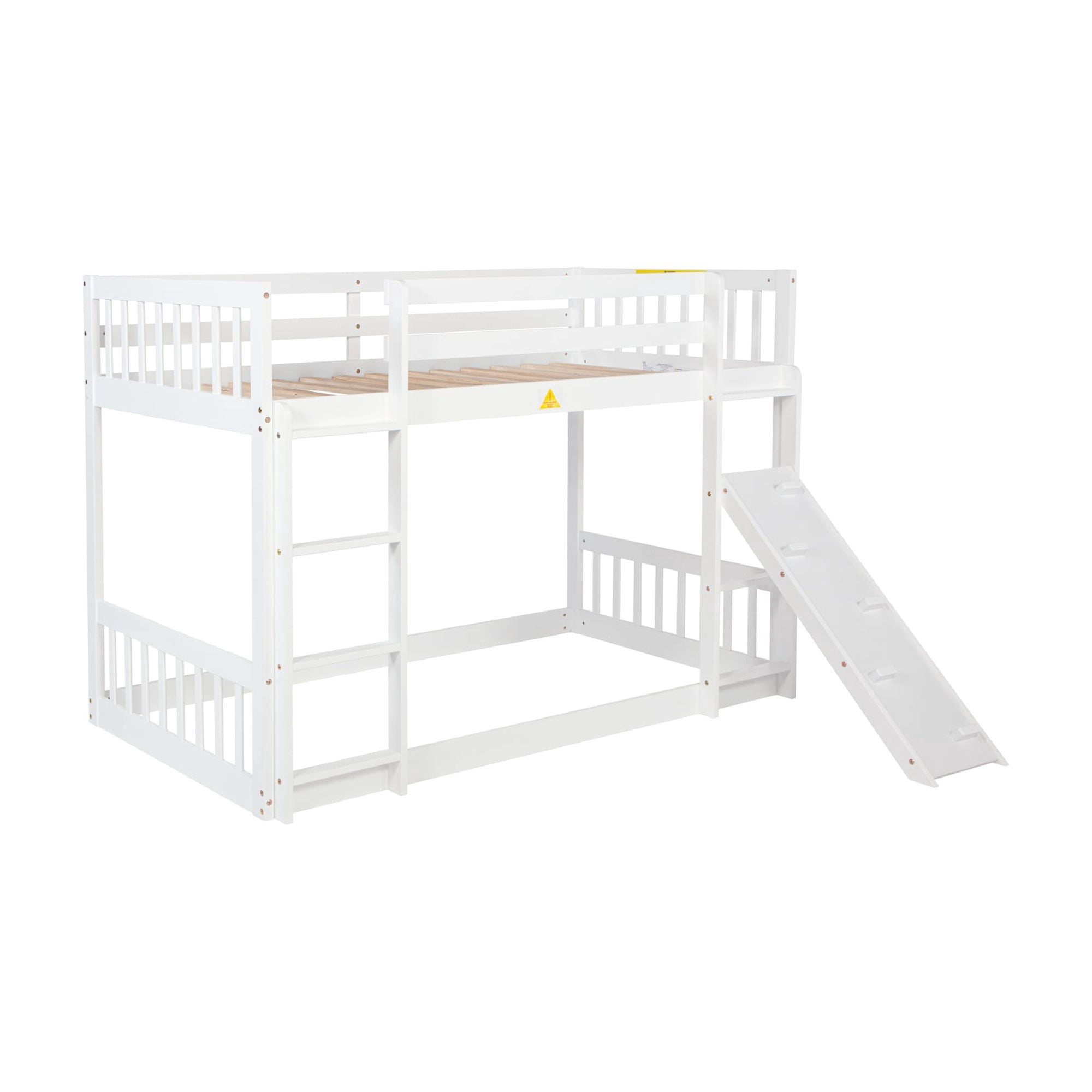 Leumius Twin Over Twin Floor Bunk Bed, Playhouse Floor Bunk Bed with Climbing Ramp, Ladder, Safety Guardrails for Boys Girls White