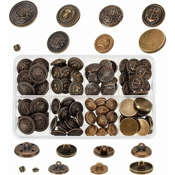 80pcs 8 Styles Shank Buttons Metal Buttons 5~17mm Sewing Buttons Alloy Engraved Buttons Vintage Round Buttons with Shank DIY