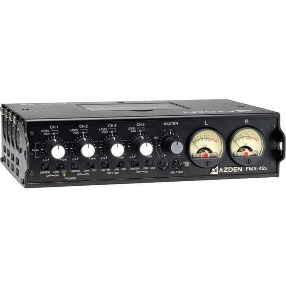 Azden FMX-42a 4-Channel Portable Mixer with 2 Balanced XLR Outputs, 10-Pin Camera Return, and Switchable 48V Phantom Power (Black)