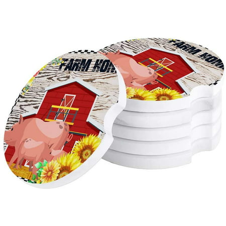 

KXMDXA Farm Pig and Barn Sunflower Vintage Set of 4 Car Coaster for Drinks Absorbent Ceramic Stone Coasters Cup Mat with Cork Base for Home Kitchen Room Coffee Table Bar Decor