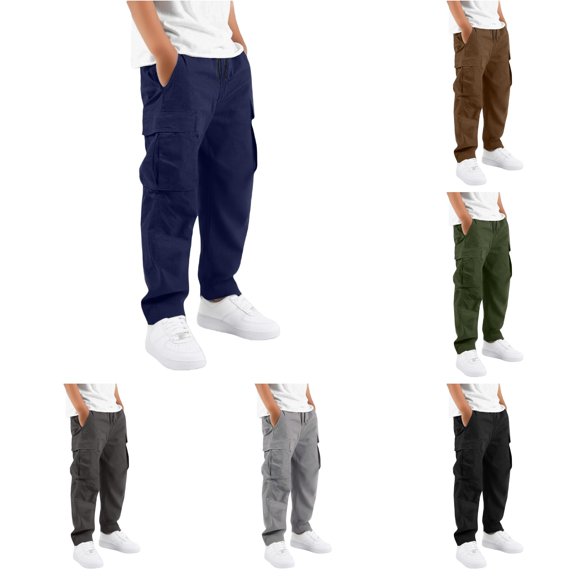 ZXLBBD Boy's Children Kids Cargo Pants with Multiple Pockets and Drawstring Comfortable Solid Color Trousers Streetwear Fashion Casual Daily Wear,Dark Blue,Size 13 Y-14 Y
