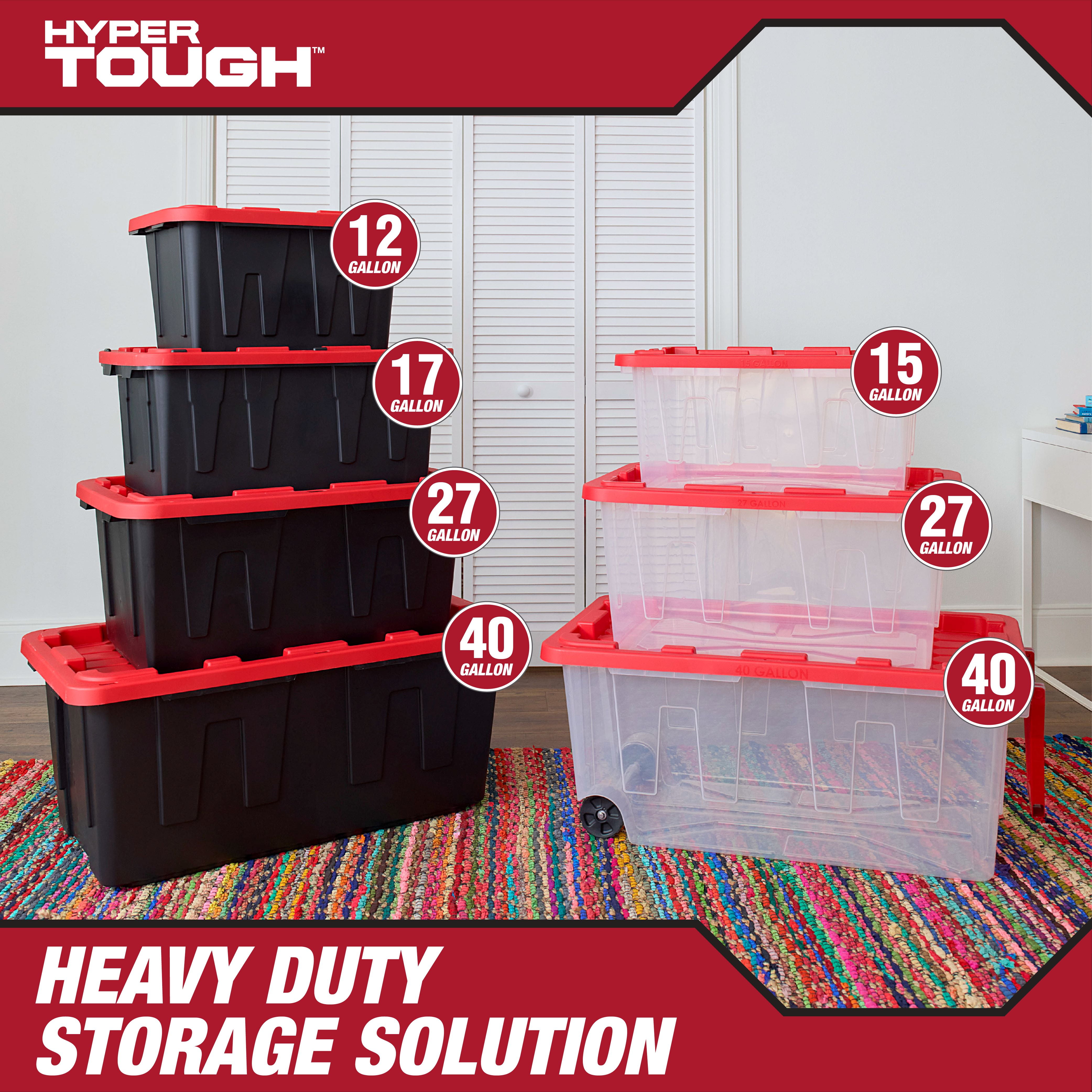 (Pack of 4) Hyper Tough 15 Gallon Clear Storage Bin with Red Snap Lid, Heavy Duty Plastic Storage Container