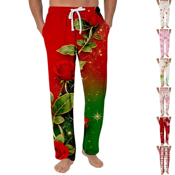 Men's Fashion Romantic Rose Print Pants, Drawstring Elastic Waist Lounge Trousers for Valentine's Day Gift and Home,Beige,L
