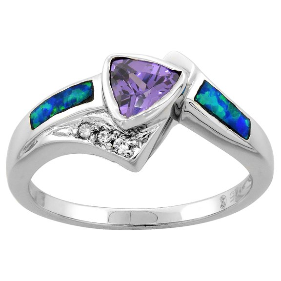 925 Sterling Silver Synthetic Blue Opal CZ Amethyst Trillion Cut Ring 11mm