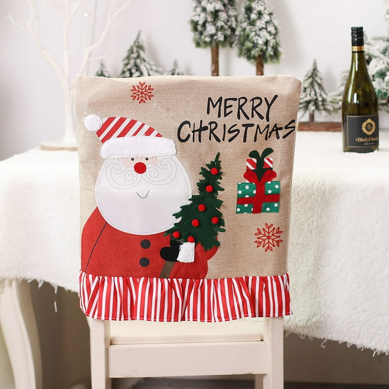 Ayyufe Christmas Chair Cover Santa Claus Snowman Print Striped Hem