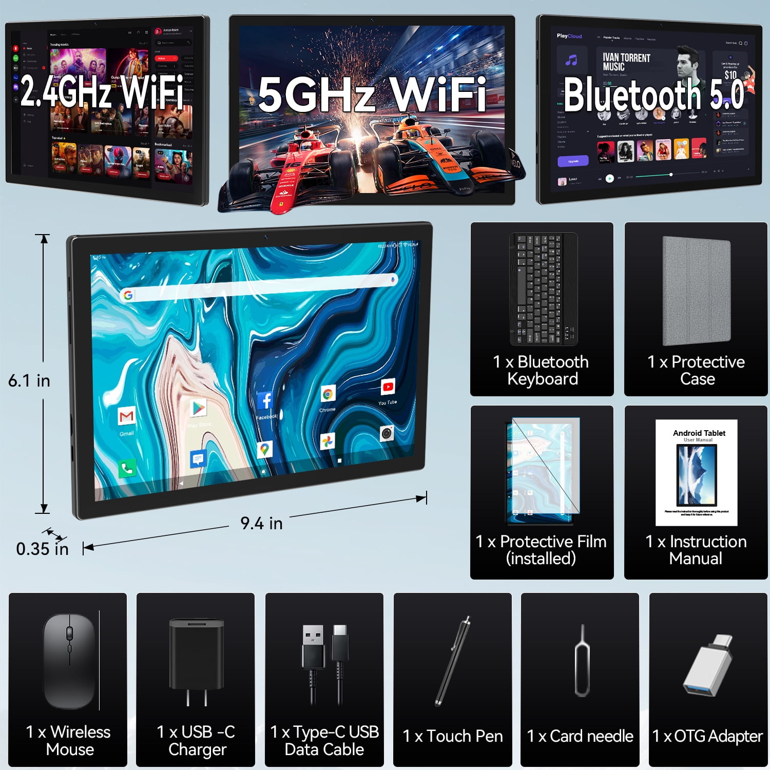 2025 Newest Android Tablet, 10.1 inch Android 14 Tablet with Keyboard,8GB RAM 128GB ROM , 8 Core , 7000mAh , 2.4G/5G WiFi/Bluetooth 5.0, GPS