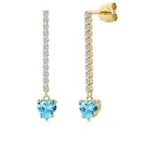 Gem Stone King 14K Yellow Gold Swiss Blue Topaz and Lab Grown Diamond Dangle Earrings for Women | 1.46 Cttw | Gemstone November Birthstone | Heart Shape 5MM