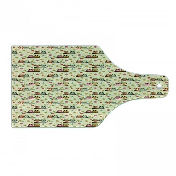 Owl Print Cutting Board, Cartoon Pattern of Birds on Branches and Colorful Fallen Leaves, Decorative Tempered Glass Cutting and Serving Board, in 3 Sizes, by Ambesonne