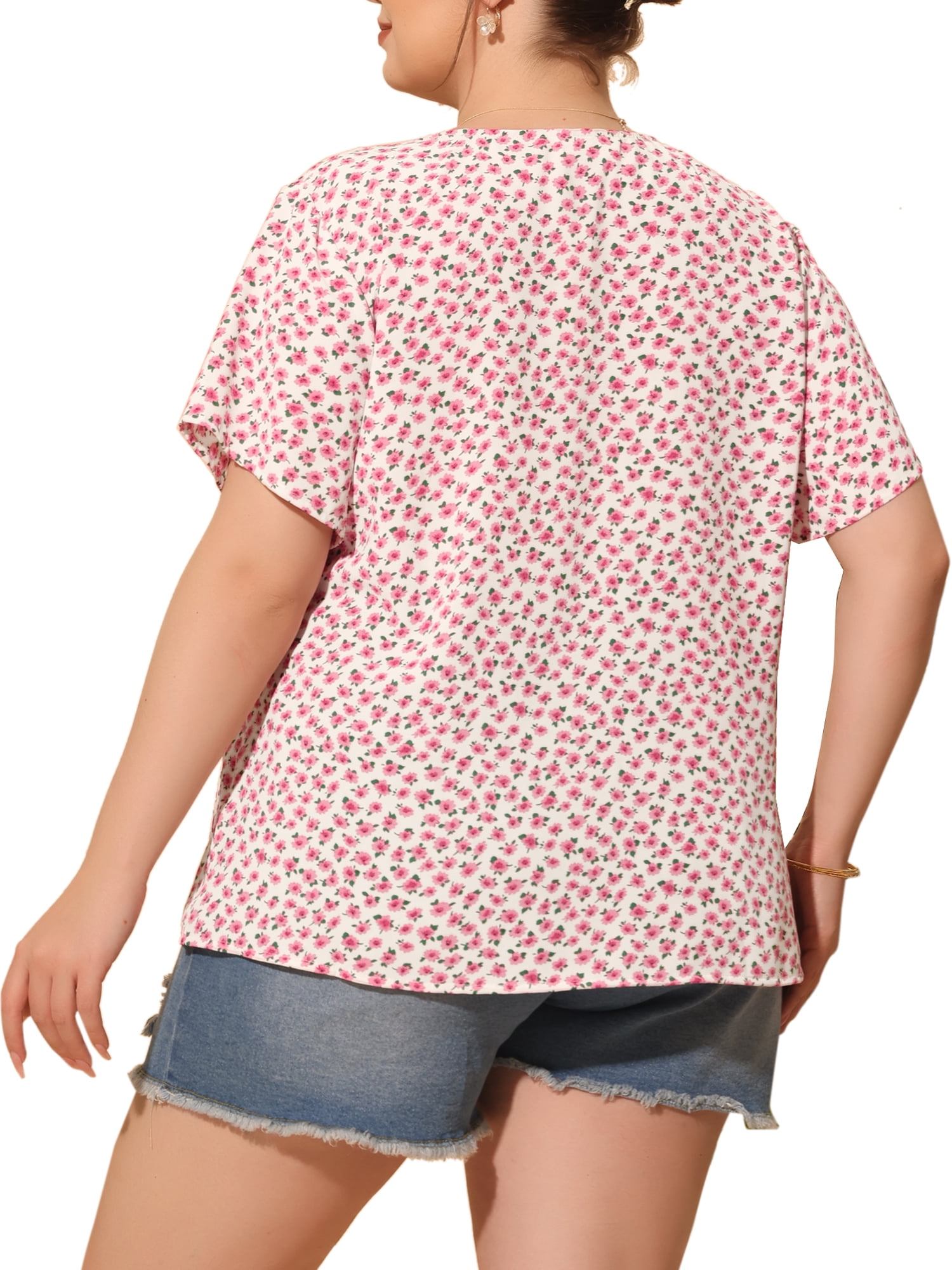 Unique Bargains Women's Plus Size V Neck Button Short Sleeve Floral Shirts 3X Pink