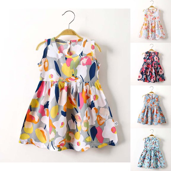 Asxite Girls Fashion Dresses Sleeveless Round Neck Floral Print Comfortable Summer Style 4-14Y