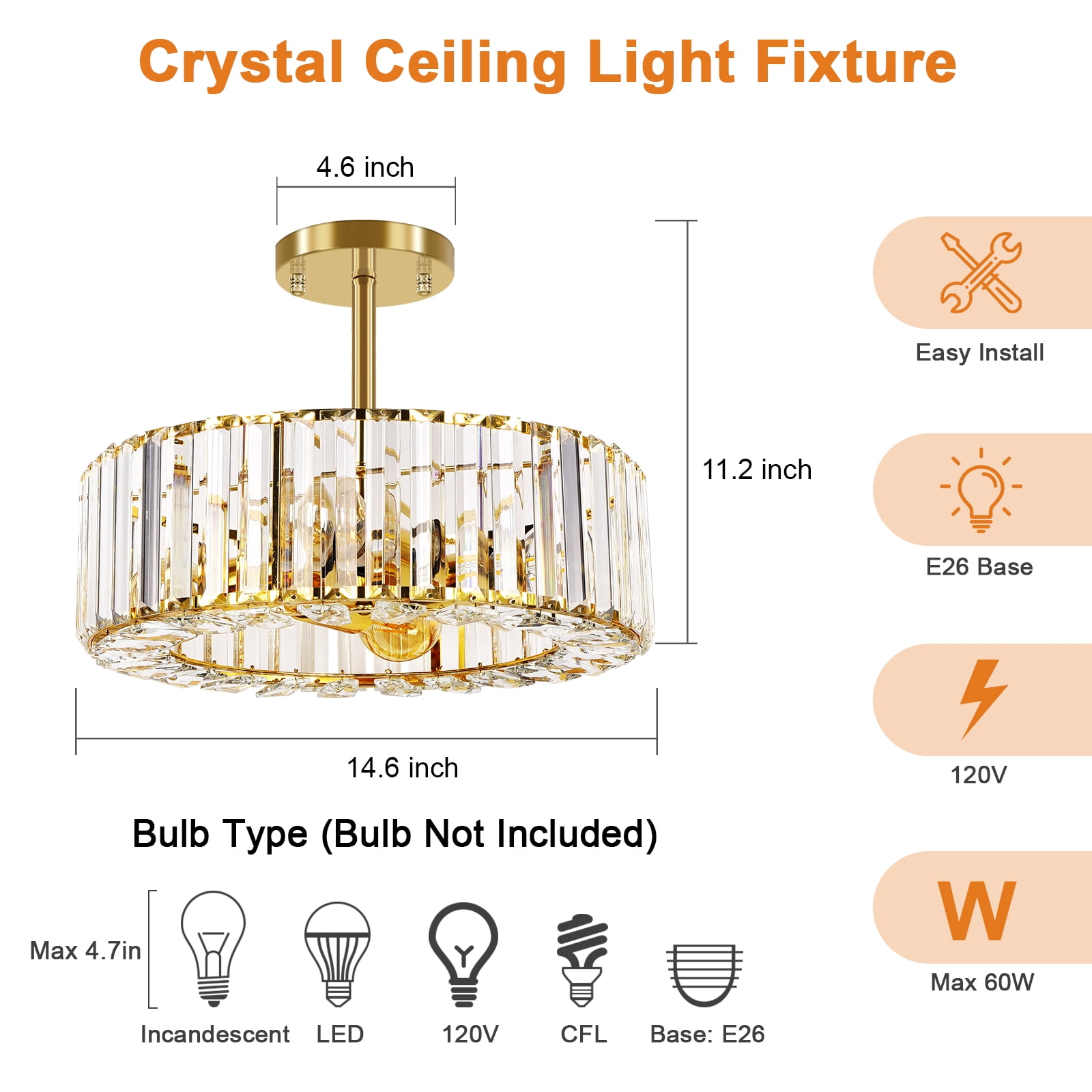 FRIDEKO HOME 14.5" Crystal Semi Flush Mount Ceiling Light Fixture, Modern Gold Drum Chandelier for Living Room Bedroom Kitchen Hallway Entryway, E26 Base, 4-Light (Bulbs not included)