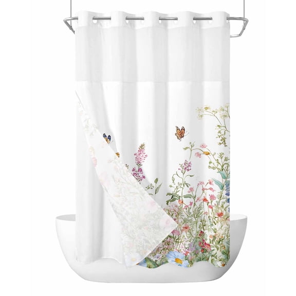 No Hook Cloth Fabric Shower Curtain with Snap in Liner, Spring Floral Waterproof Shower Curtains Set with See Through Top Window, Butterfly Summer Flowers Pastoral Watercolor Bath Curtains 36"x72"