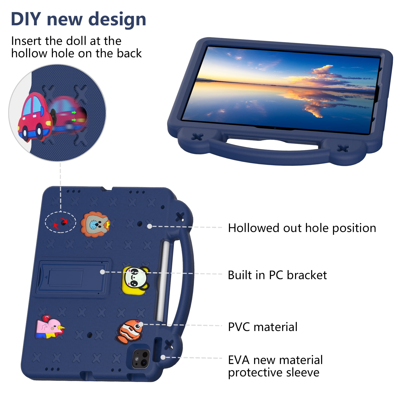 Nalacover Cartoon Handle Case for Apple iPad Air 13 inch (2024) Case, EVA Foam Cute Pattern with Pencil Holder Kickstand Cute Shockproof PC Case for Apple iPad Air 13 inch (2024), Navyblue
