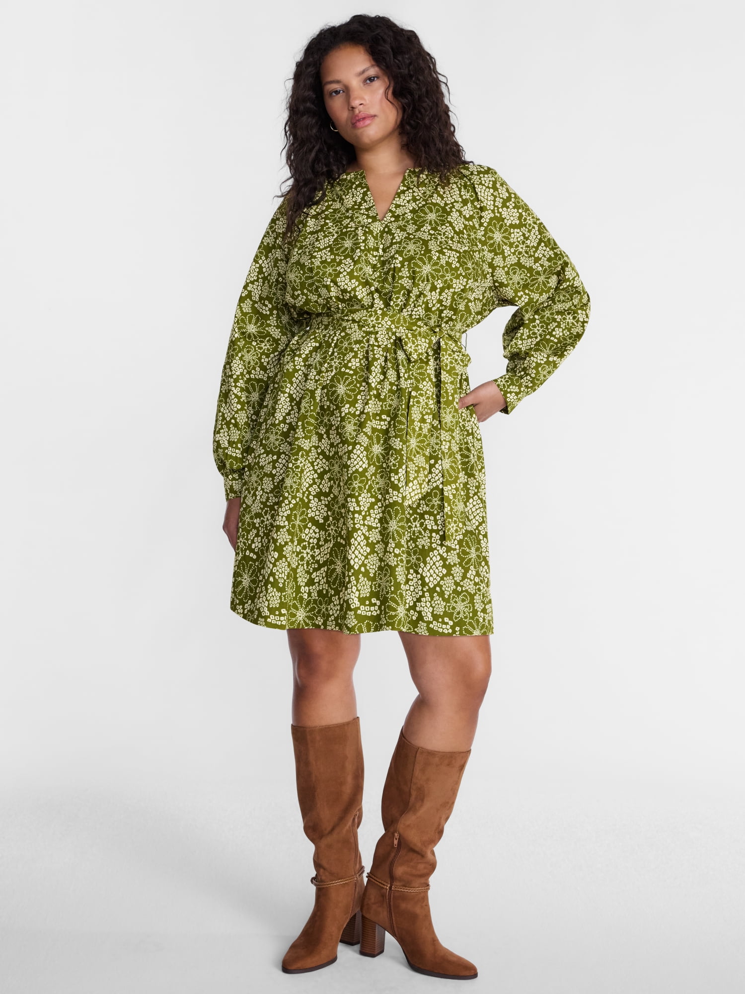 Terra & Sky Women's Plus Cotton Balloon Sleeve Tie Waist Tunic