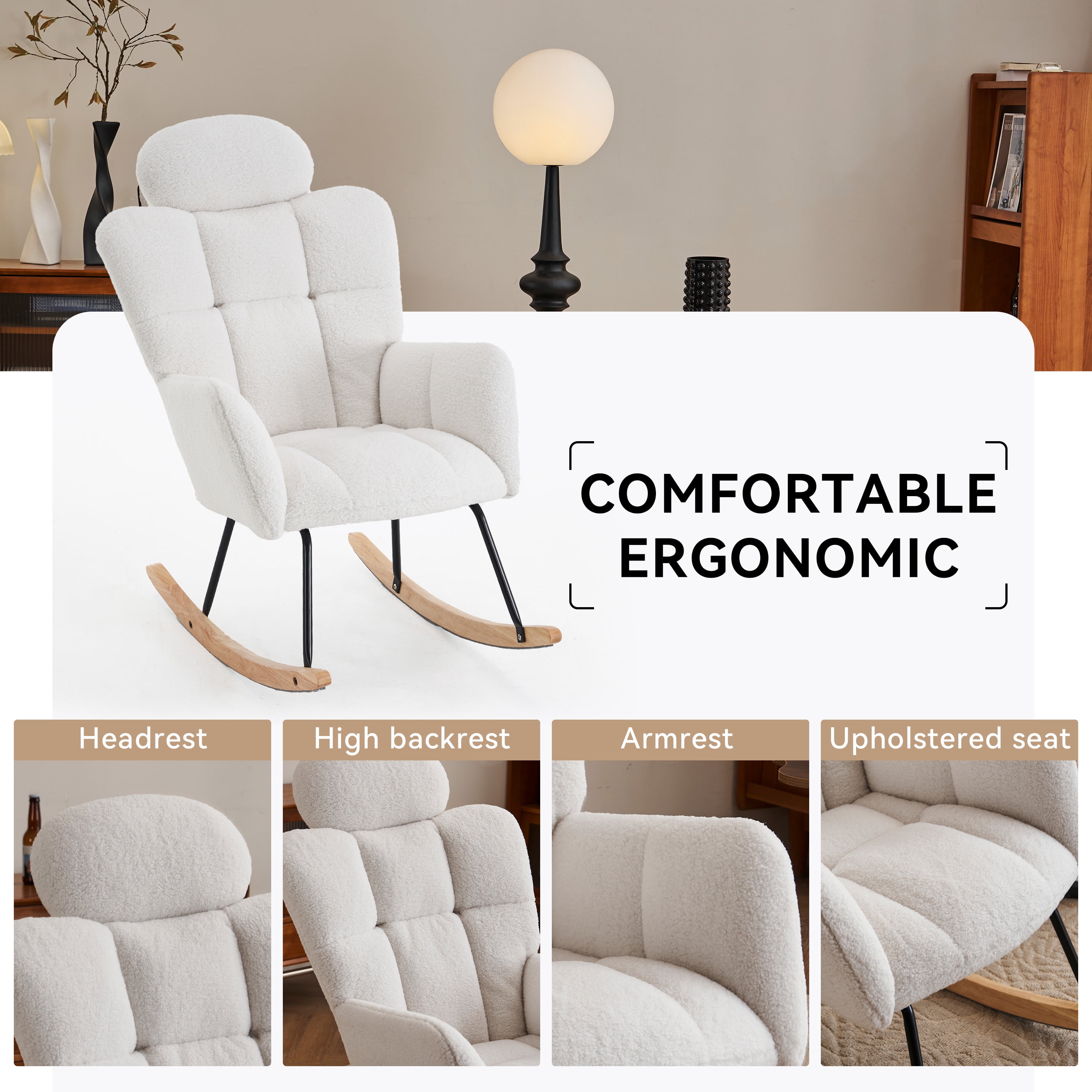 Teddy Fabric Rocking Chair, Upholstered Glider with Headrest Pillow and Solid Wood Base, High Backrest for Nursery and Bedroom, Ivory