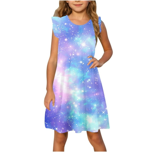 Hrsba Kids Summer Dress,Casual Sleeveless Dress for Girls,Toddler Girls Dress Summer Ruffle Sleeve Starlit Sky Printed Sundress Outfit For Kids 4-14T