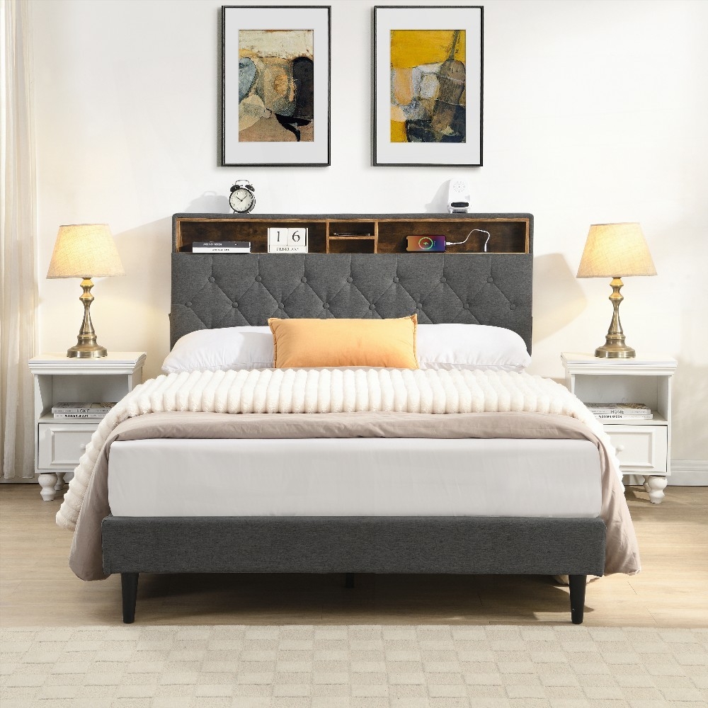 Dark Grey Queen-Size Upholstered Platform Bed Frame Having a Button-Tufted Linen Fabric Headboard, Two Storage Compartments & Built-in Charging Station (No Box Spring)