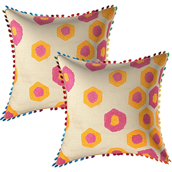 Stylo Culture Indian Settee Sofa Throw Pillow Covers 16 x 16 Towel Embroidered Orange Bright Pink Zippered 40cm x 40cm Pom Pom Lace Cotton Geometric Square Cushion Covers | Set Of 2