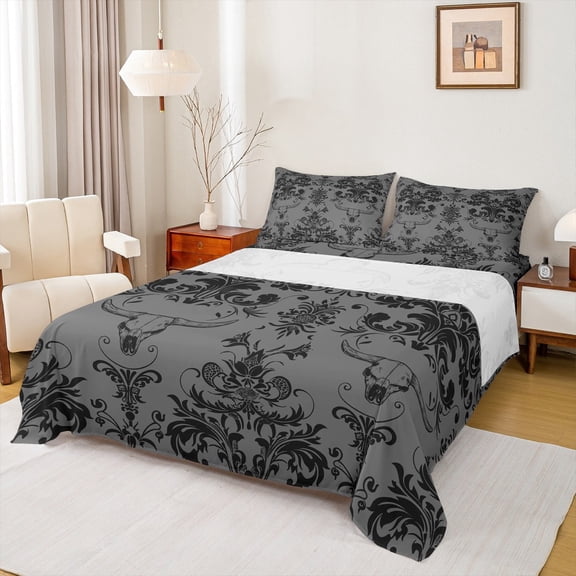 Manfei Vintage Damask Jacquard Twin Sheet Sets,Gothic Bull Skull Twin Fitted Sheet,Gray Flower Floral Flat Sheet,Super Cozy Room Decoration,3pcs