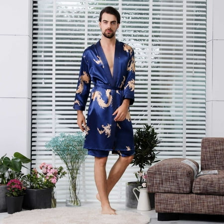 

Unisex Imitation Silk Nightgown All Season Thin Long Sleeve Cardigan Please buy one or two sizes up