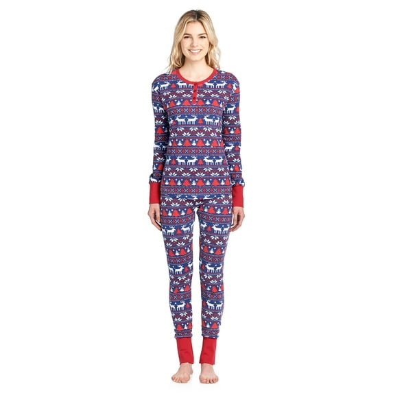 Ashford & Brooks Women's Printed Thermal Waffle Knit PJ Set - Navy/Ivory Fair Isle - Small