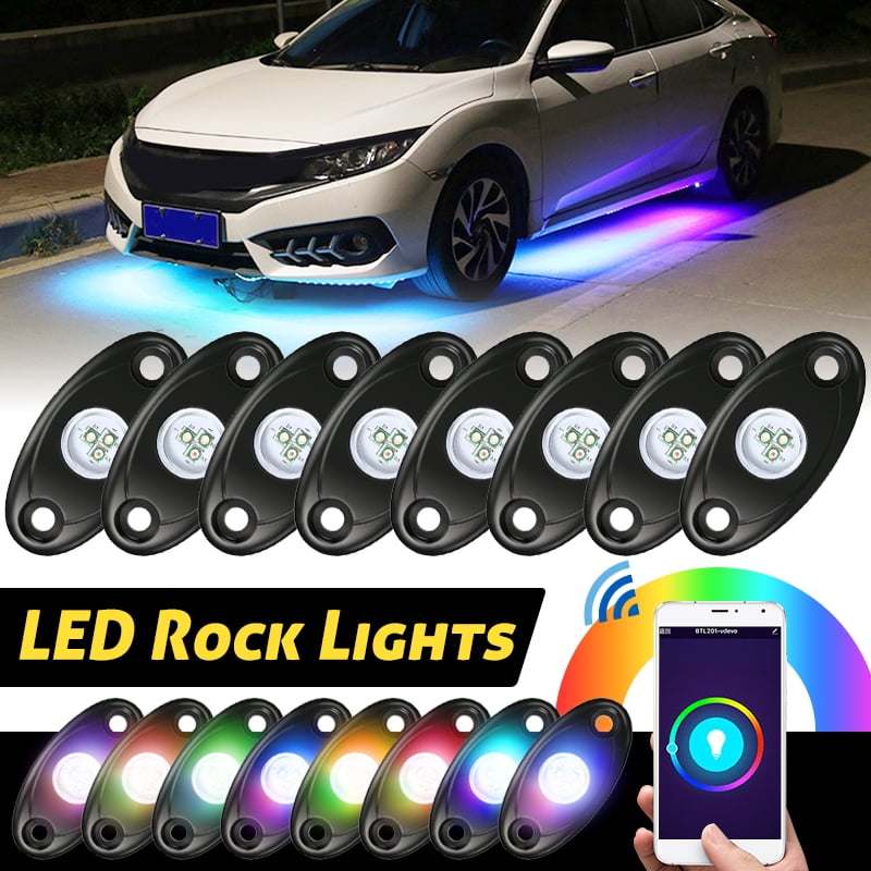 AMBOTHER 4Pcs Car RGB LED Rock Underglow Lights Kit Underbody Waterproof Trail Rig Neon Lights Kit with Cell Phone APP Mini Blue++++tooth Control for JEEP Off Road Trucks Car ATV SUV Vehicle Boat 