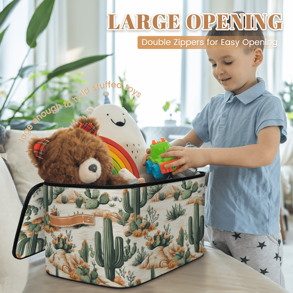 ADECORIVY Cactus Storage Bin with Lid Fabric Tropical Desert Cactus Plant Foldable Storage Baskets Boxes for Clothes Shelves Closet Organizer Containers with Leather Handles for Wardrobe