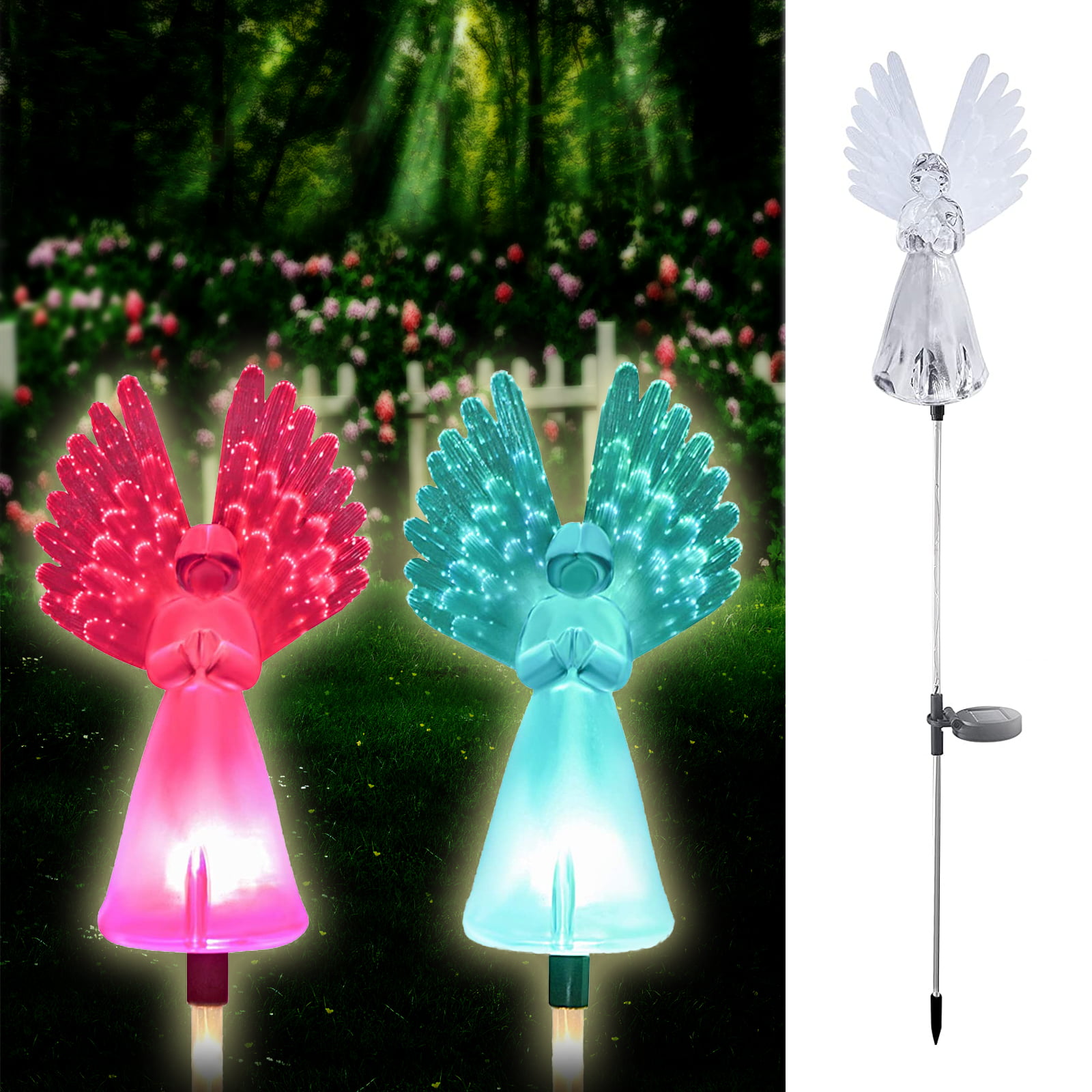 2 PACK Angel Fiber Optic Wing Solar Power LED Light Color Garden Stake Christmas 