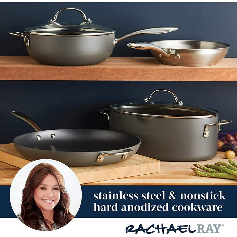 Rachael Ray Create Delicious Hard Anodized Nonstick Cookware Pots and Pans  Set, 11 Piece, Gray with Teal Handles