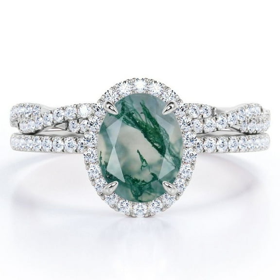 JeenMata Pave Halo Setting 1.75 Carat Oval Cut Clear Druzy Moss Green Agate and Moissanite Infinity Twisted Shank Bridal Set in 18K White Gold Plating over Silver