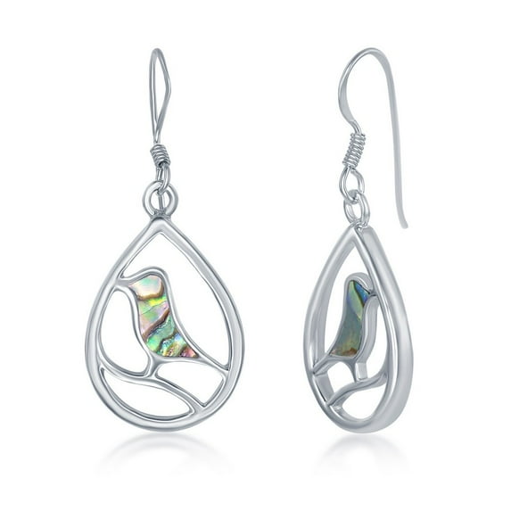 Nature Bird Abalone Shell/Mother of Pearl Sterling Silver Pear-Shaped Dangling Earrings for Bird Lovers, Women, or Teens