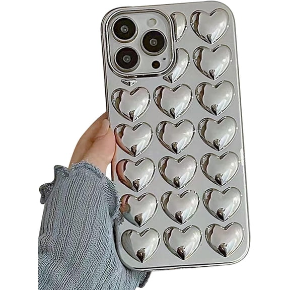 for iPhone 13 Pro Max Case, [Premium Chrome Silver Heart][Shiny Electroplated 3D Heart][Stylish Creative Case] Soft TPU Drop and Shock Resistant for Women and Girls 6.7