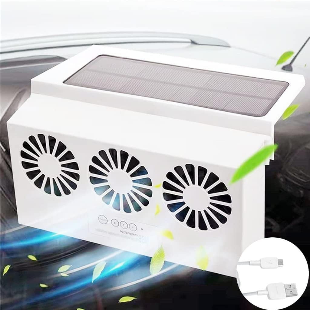 Soapow Solar Powered Car Window Fan, Car Exhaust Fan, Auto Vehicle Front/Rear Window Air Vent Cooling Fan 3 Fan Vehicle Radiator Vent with Ventilation, Car Amplifier Summer Cooler Fans Radiator, White