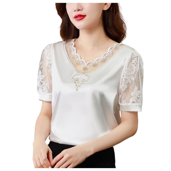 Women's V Neck Lace T-Shirt Summer Fashion Satin Feel Short Sleeve Net Yarn Top Stylish Undershirt for Layering