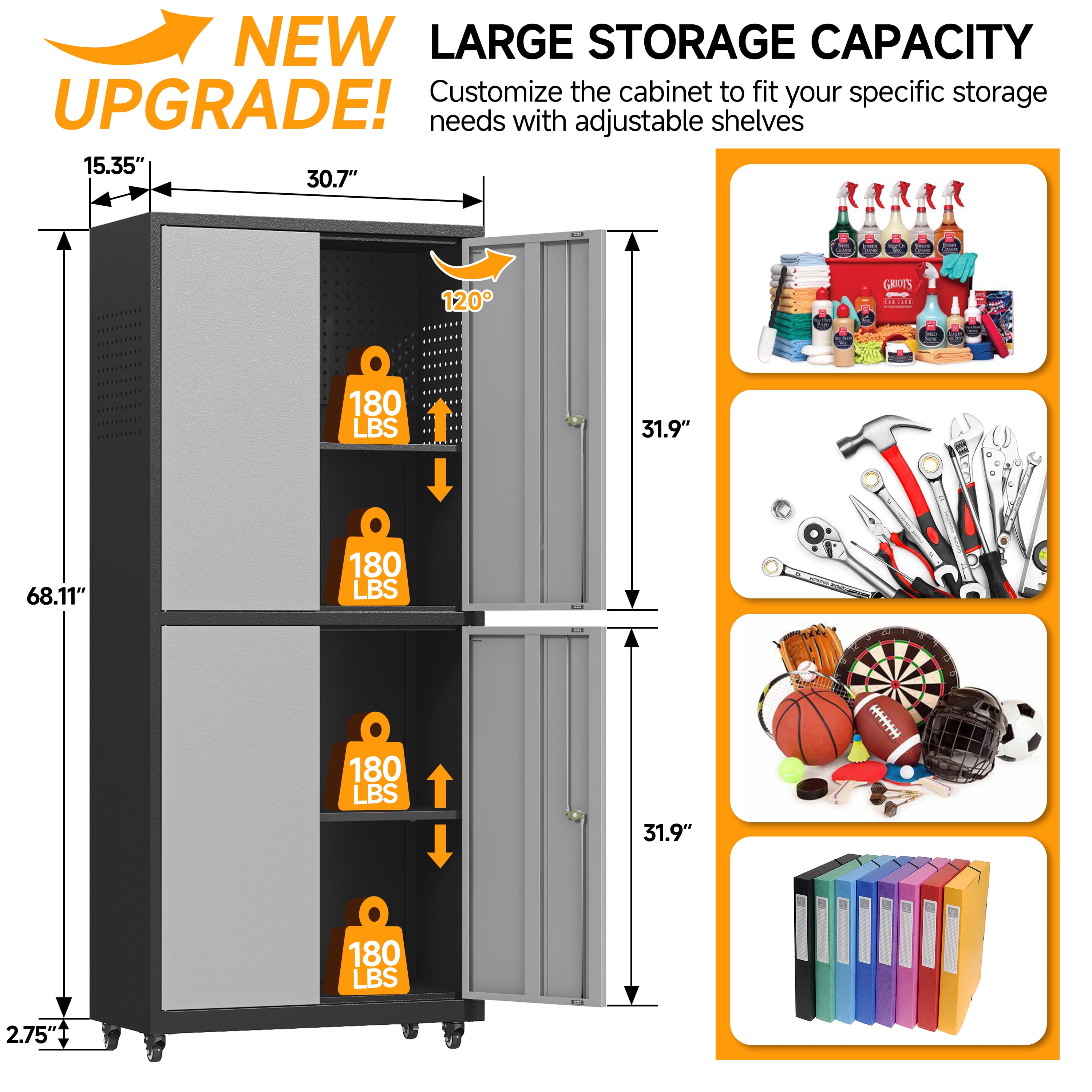 Rolling Garage Storage Cabinet with Wheels and Pegboard,Metal Storage Cabinet with Doors and Adjustable Shelves,Lockable Steel Tool Cabinet for Garage,Warehouse,Utility Room,Home,Office(Black Gray)
