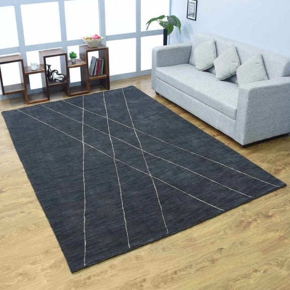 Rugsotic Carpets Hand Knotted Wool Area Rug 6'x9' Charcoal Geometric Rectangle Indoor Rug for Living Room, Bedroom Antimicrobial L00645