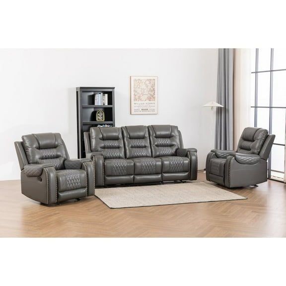 Ilyiano Two Tone Faux Leather Three-PC Livingroom Reclining Set In Gray