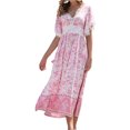 thumbnail image 3 of Franhais Women's Summer Midi Boho Dress Short Sleeve V Neck Lace Trim Slim Fit Floral Dress, 3 of 7
