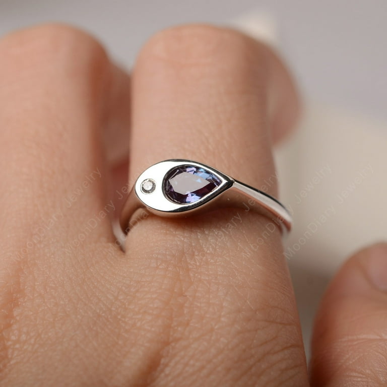 Lab Created Alexandrite signet ring color changing gemstone bezel setting pear cut unique wedding ring June birthstone Walmart