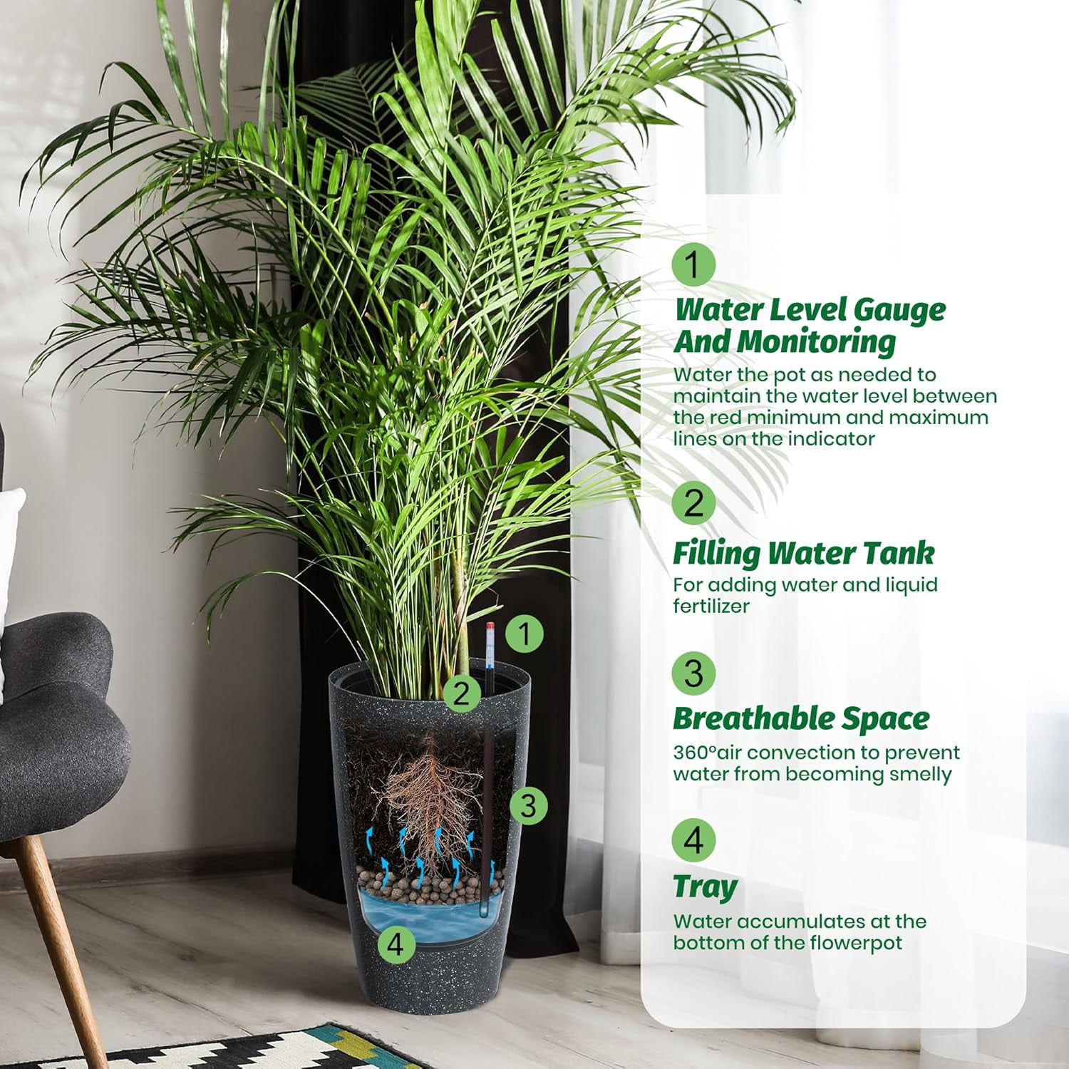 16/22" Tall Round Planter Set of 2, Self Watering Pots for Indoor Plants, Large Flower Pot Outdoor with Built-in Drainage and a Water Level Monitor, for Patio, Porch, Living Room, or Home Office