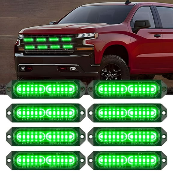 Nilight 8PCS Led Strobe Lights 12LED Green Emergency Light 12V 24V Surface Mount Flashing Warning Hazard Beacon Lights Ultra Slim Sync Feature Mini Grille for Cars Trucks Off Road Vehicles SUV