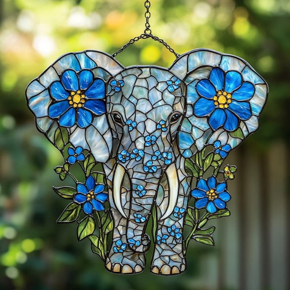 Elephant Acrylic Suncatcher, Floral Faux Stained Glass Window Hanging, Jungle Animal Decor Gift Forget Me Not Flowers Suncatcher