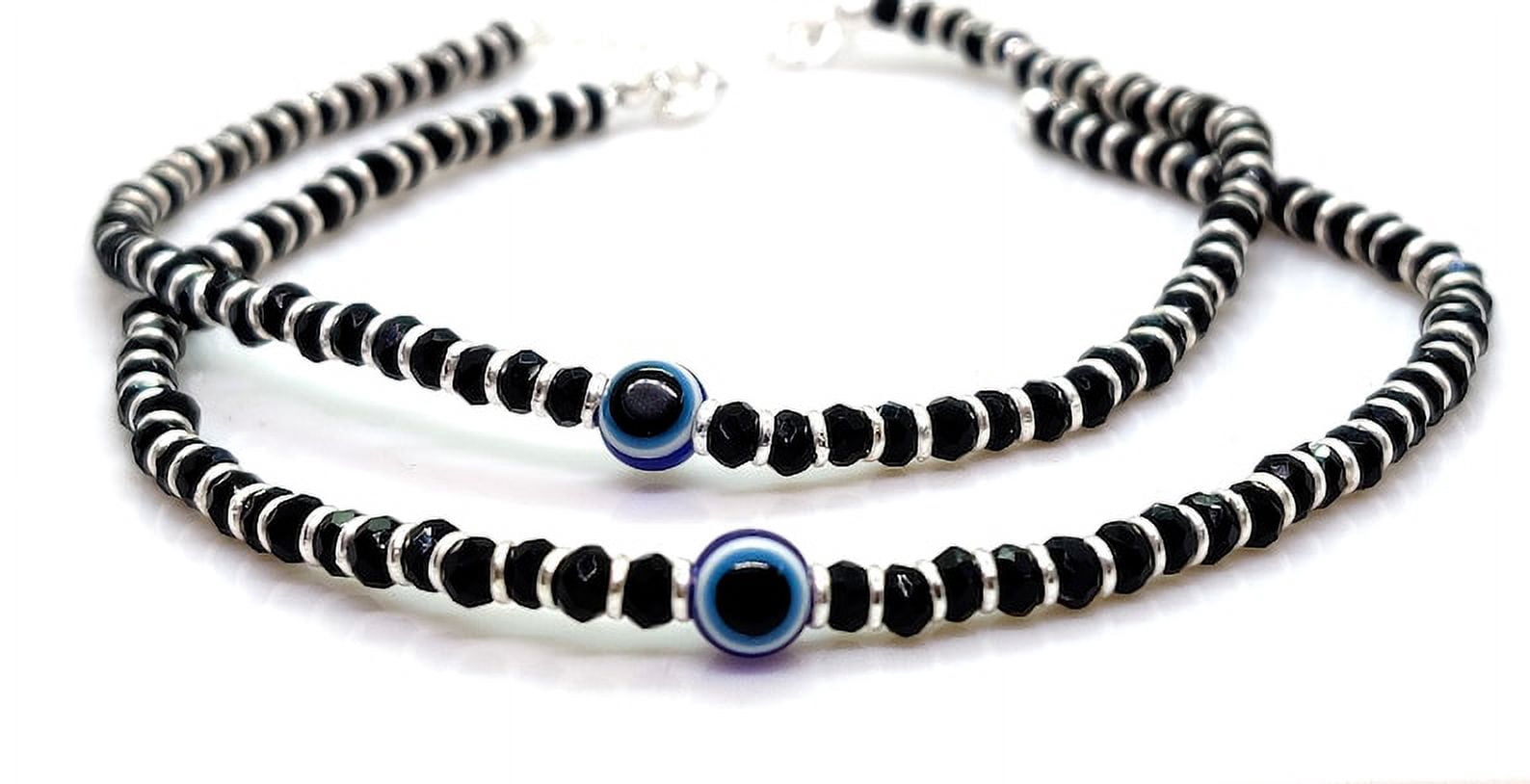 Evil Eye Black Beads Silver Anklet