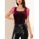 thumbnail image 5 of INSPIRAR CHIC Blusa de terciopelo de manga corta con cuello cuadrado y patrón de estrellas brillantes para mujer S Rojo oscuro, 5 of 6