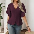 thumbnail image 2 of Stichou Women's Shirts Long Sleeve Dressy Spring Casual Classic Elegant V-Neck Button Decorated Flare Sleeve Fashion Blouses Wine L, 2 of 6
