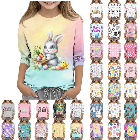 PWPSG Kids Easter Shirts 2026 Cute Rabbit Bunny Print Pullovers 3/4 Sleeve Crewneck Blouses Lightweight Summer Casual Shirts Funny Egg Graphic Tees for Girl Green 3-4 Years