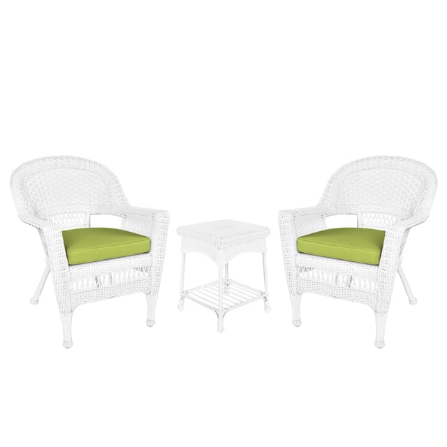 Jeco 3 Piece Wicker Conversation Set in White with Green Cushions