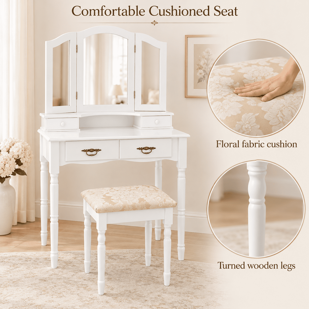 Furnibear Makeup Vanity Table Set with Tri-Folding Mirror 4 Drawers Cushioned Stool and Wood Legs for Bedroom, White
