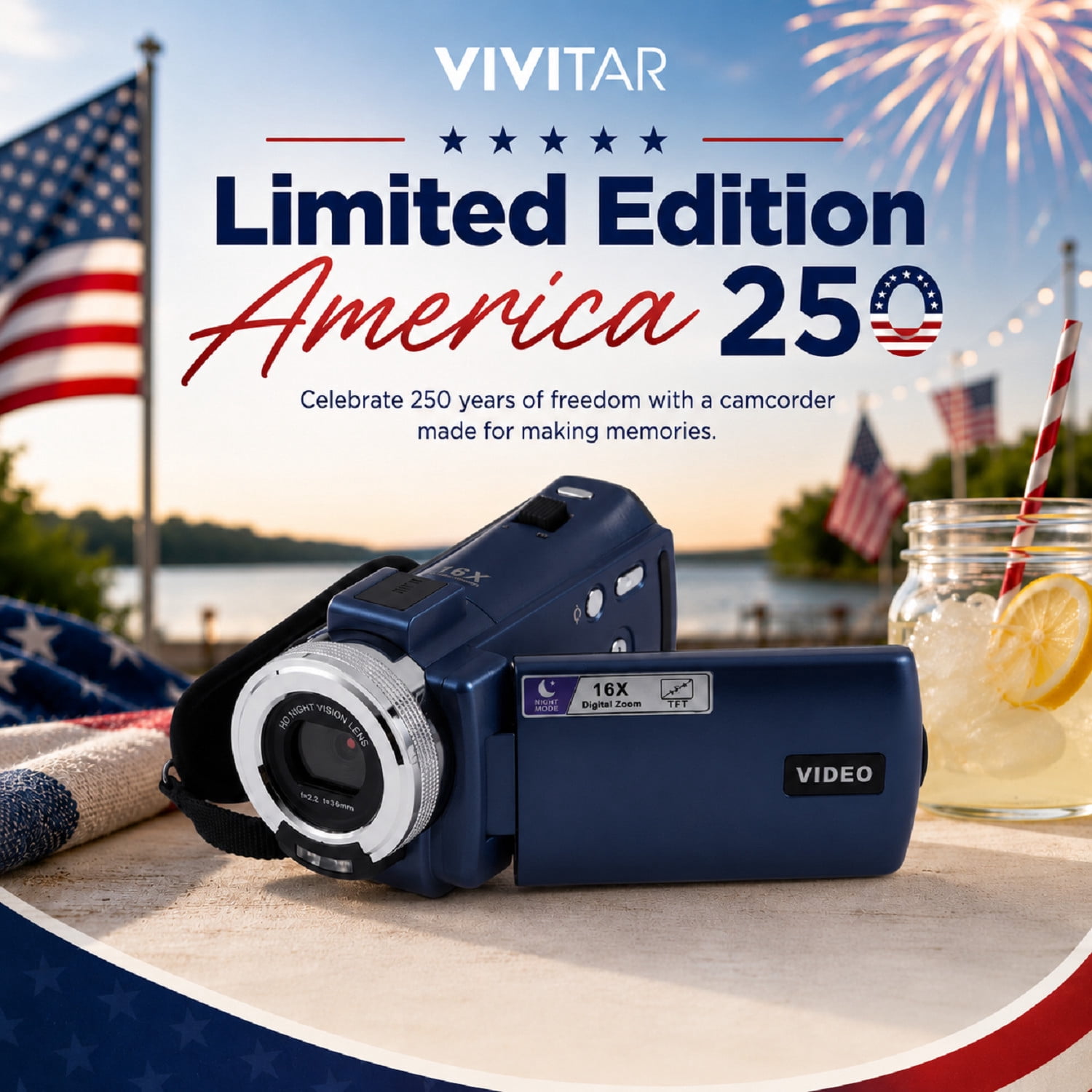 Vivitar PopCam America 250 Digital Camcorder – USA Celebration Edition, Old Glory Blue, 48MP, Full HD 1080P Video, 3" Flip Screen, 16X Digital Zoom Camcorder with Built-in Mic for Vlogging & Travel