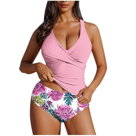 RYDCOT Women Swimsuits 2 Piece Full Coverage Women s Tankini Swimsuits Two Piece Ruched Tummy Control Bathing Suits with Bottom Swimwear 2025 Clearance Pink